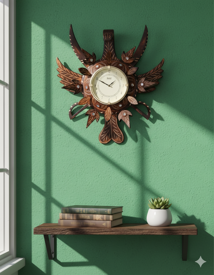 Royal Handcrafted Wooden Leaf Wall Clock – Antique Luxury Design