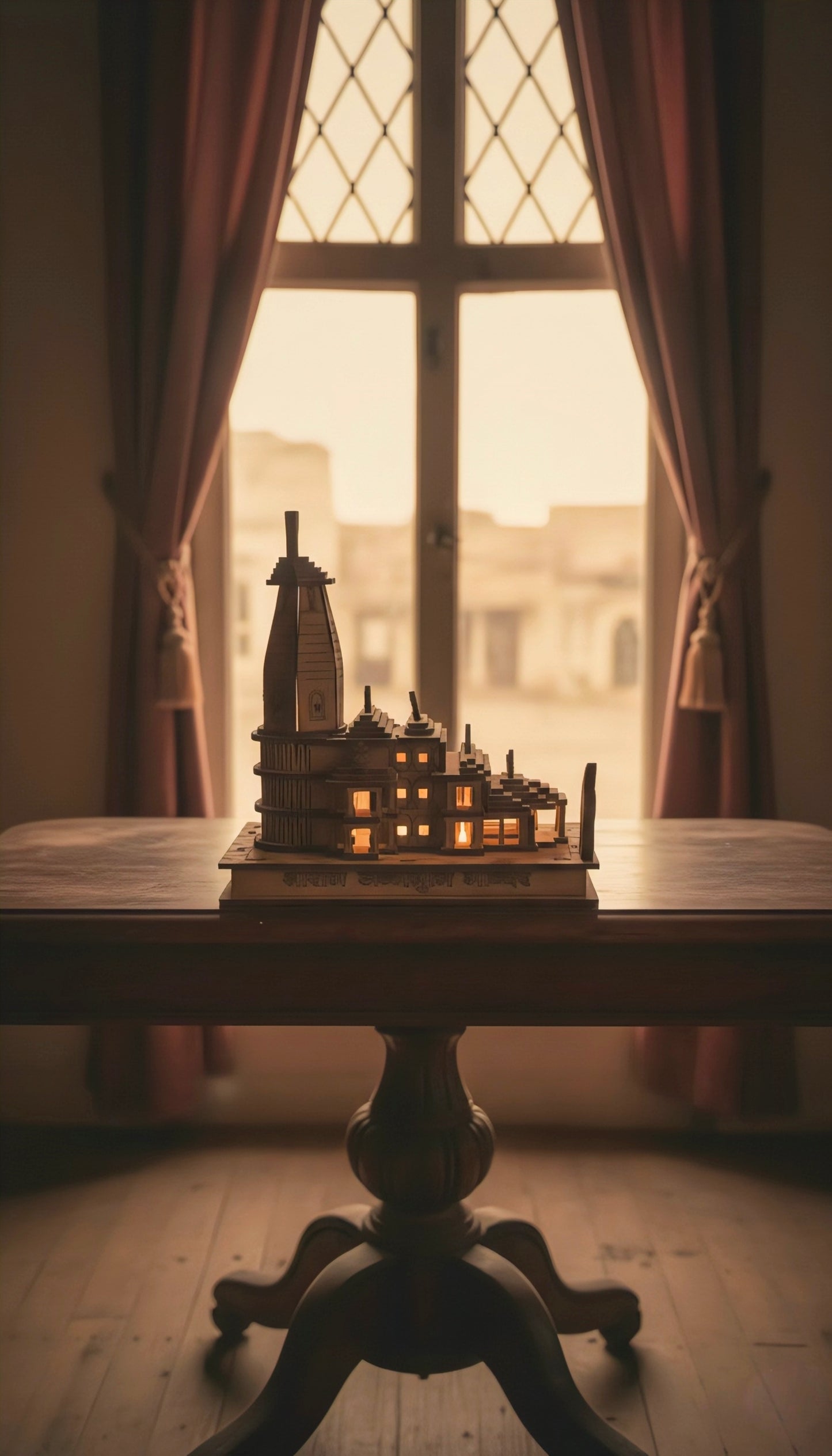 Miniature Ram Mandir (6-Inch) with LED Lights – Wooden Temple