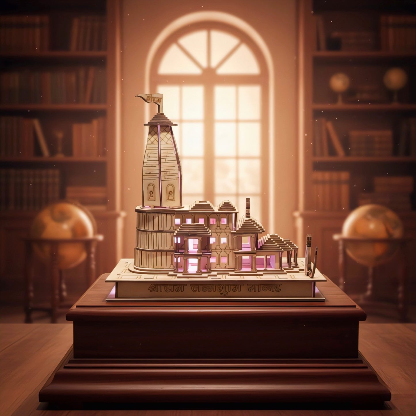 12-Inch Miniature Ram Mandir with LED Lights – Handcrafted Wooden Temple