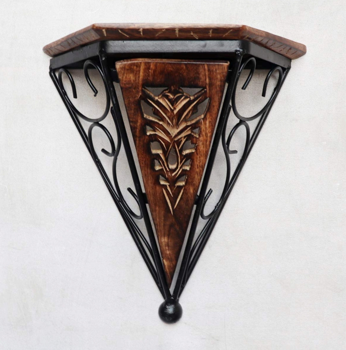 Geometric Carved Wood and Metal Accent Shelf