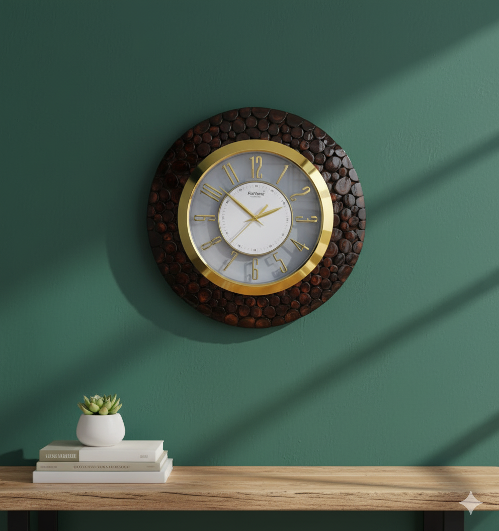 Elegant Wooden & Golden Wall Clock – Luxury Home Décor Piece