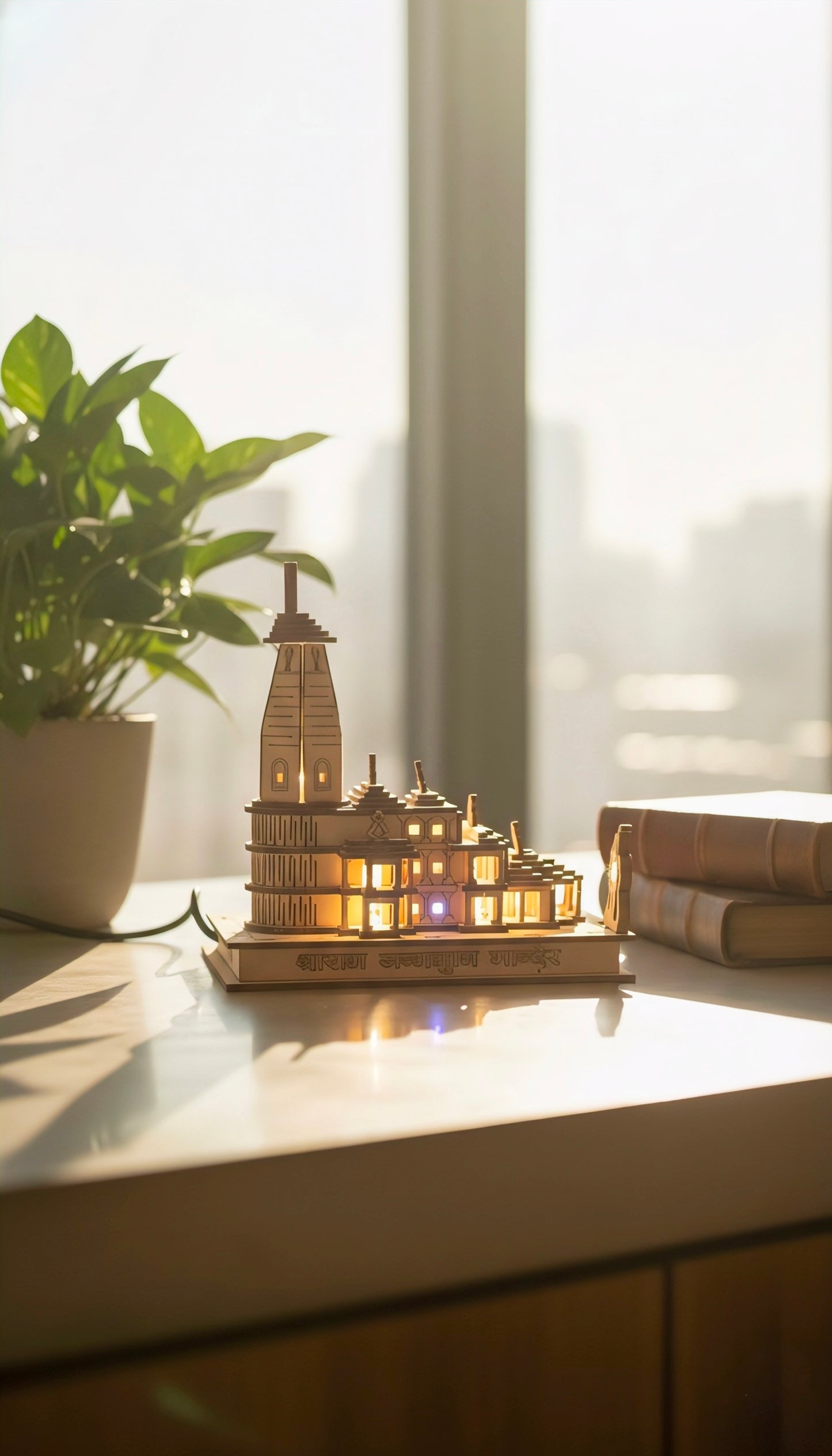 Miniature Ram Mandir (6-Inch) with LED Lights – Wooden Temple