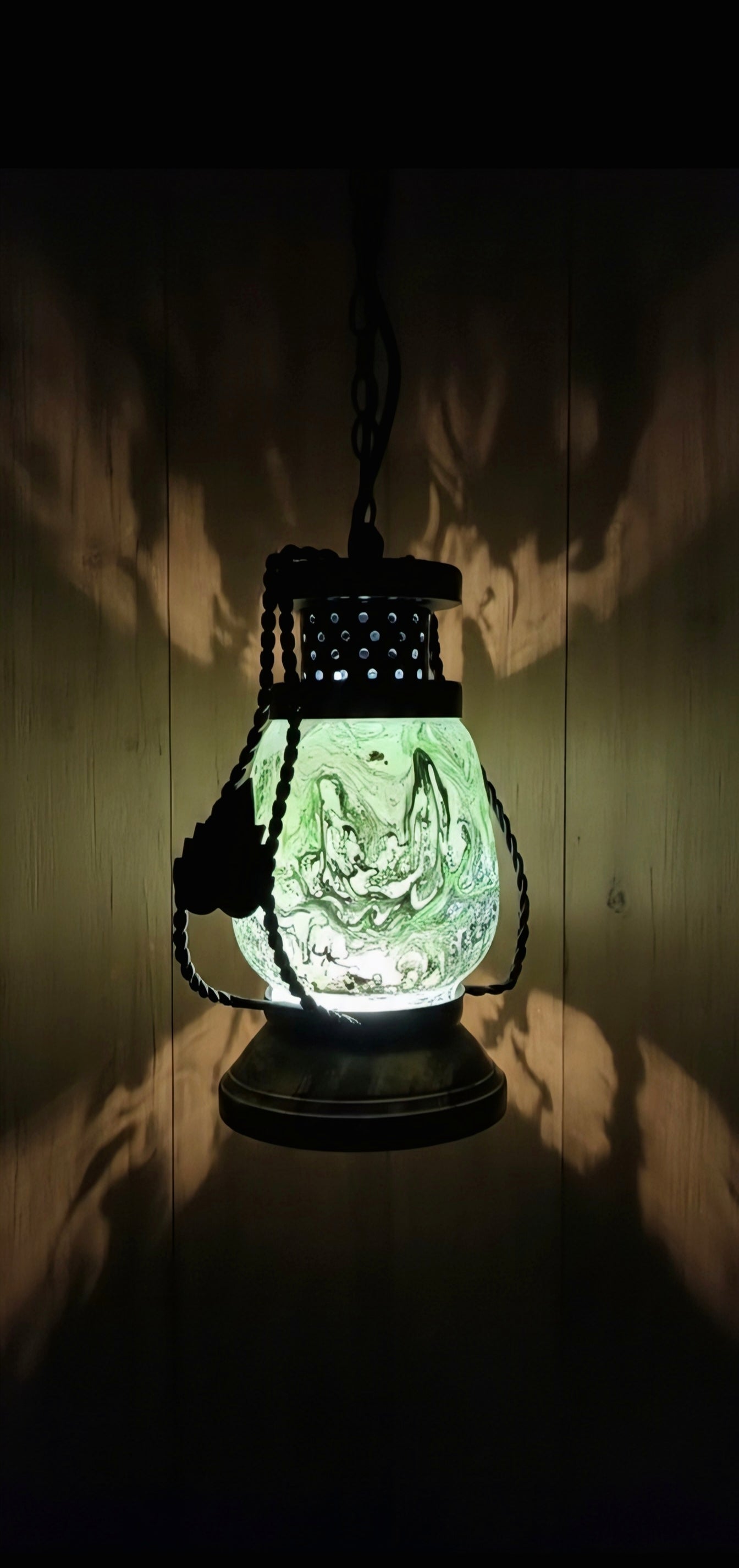 Emerald Mist Lantern – Handcrafted Glass & Iron Vintage Lamp