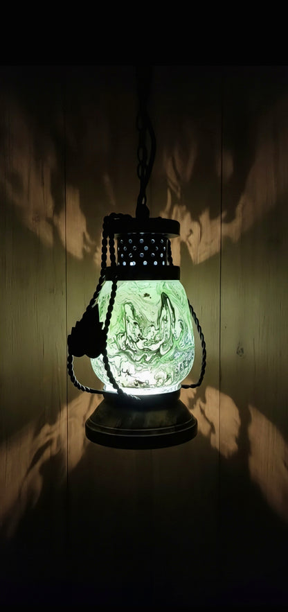 Emerald Mist Lantern – Handcrafted Glass & Iron Vintage Lamp