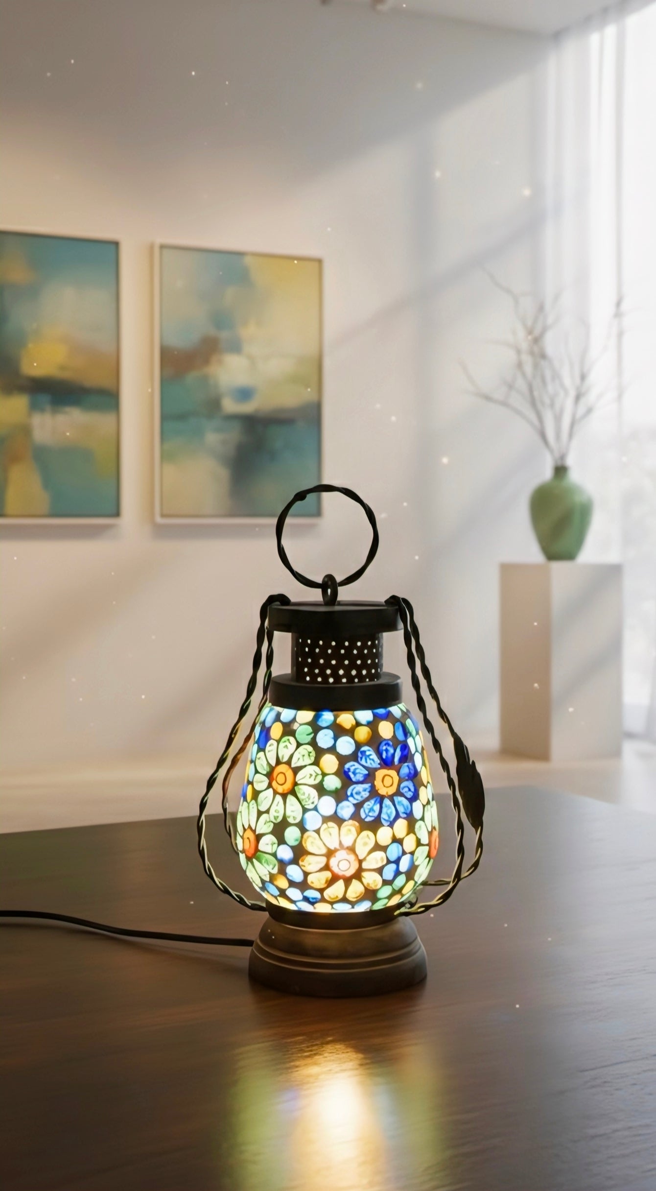 Emerald Mist Lantern – Handcrafted Glass & Iron Vintage Lamp
