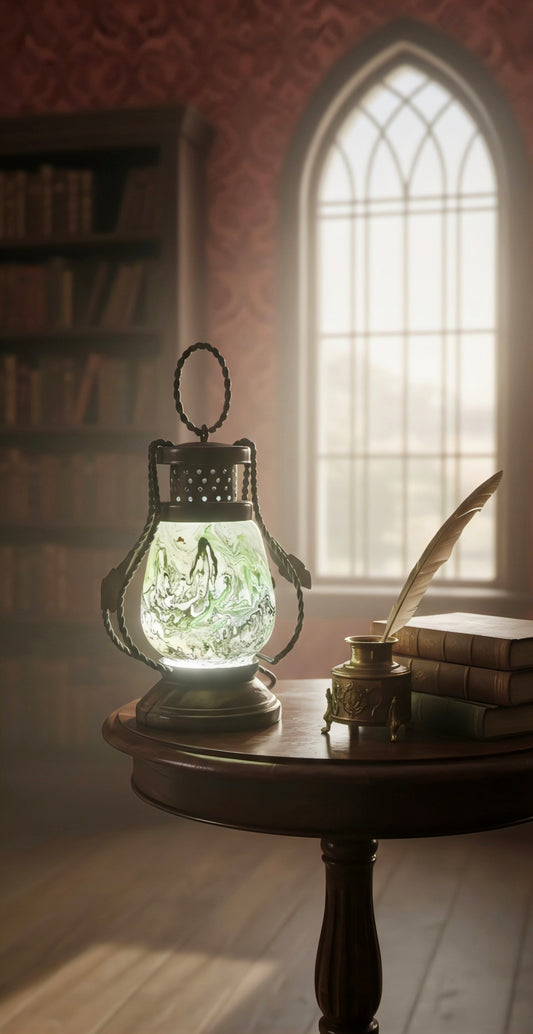 Emerald Mist Lantern – Handcrafted Glass & Iron Vintage Lamp