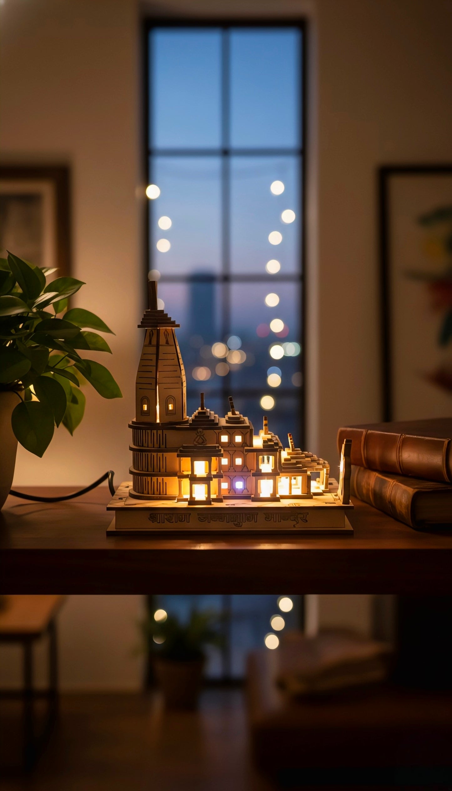 Miniature Ram Mandir (6-Inch) with LED Lights – Wooden Temple
