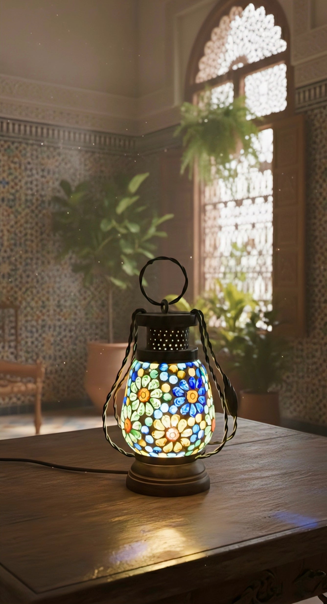 Emerald Mist Lantern – Handcrafted Glass & Iron Vintage Lamp