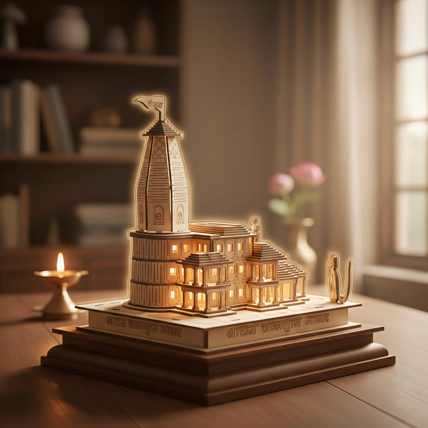 12-Inch Miniature Ram Mandir with LED Lights – Handcrafted Wooden Temple
