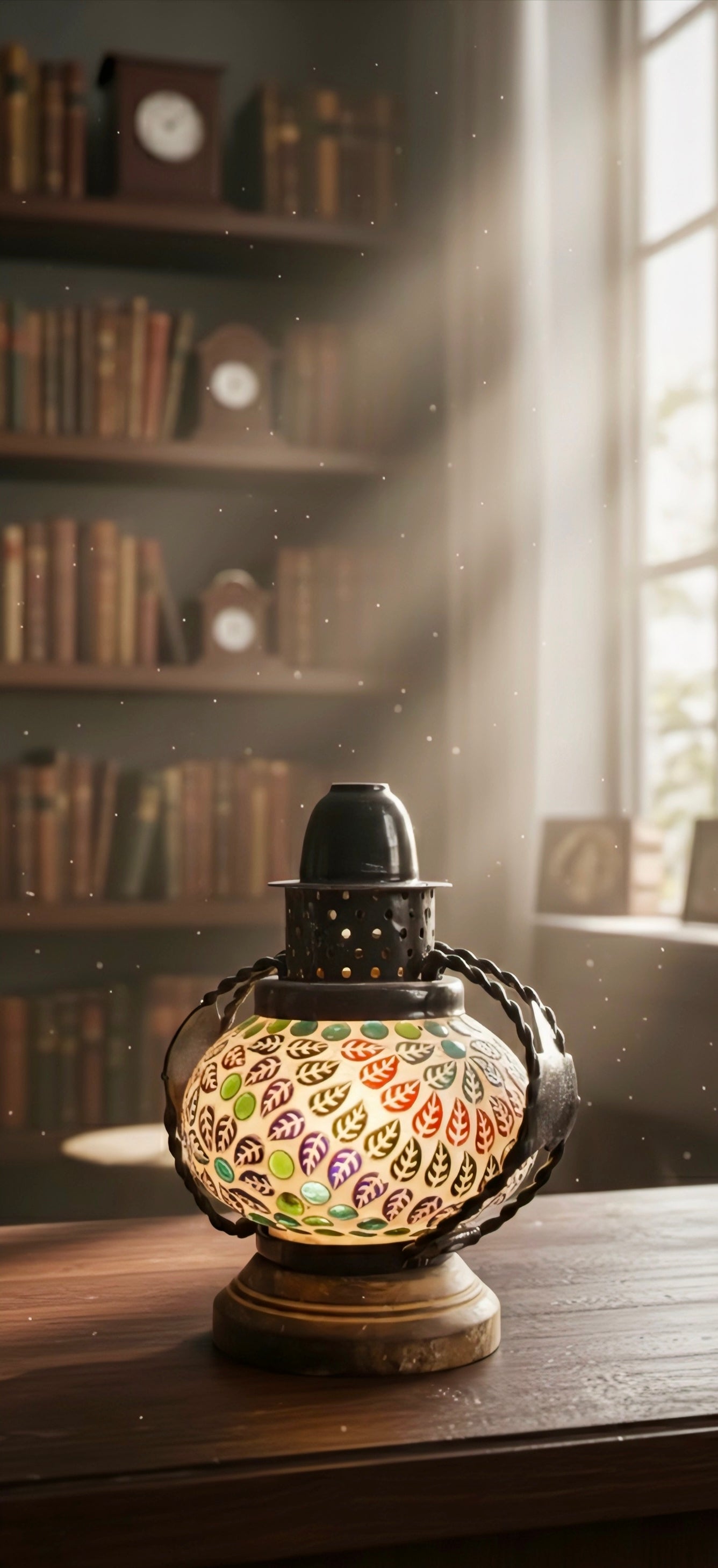 Vintage Leaf Glow Lantern – Handcrafted Glass & Iron Table Lamp