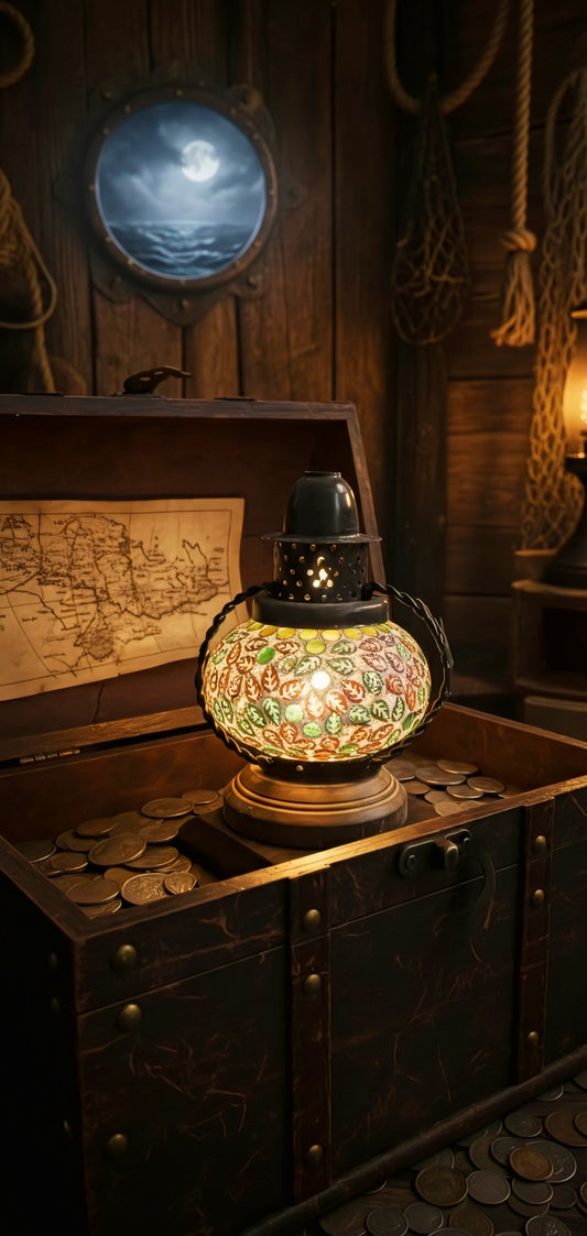 Vintage Leaf Glow Lantern – Handcrafted Glass & Iron Table Lamp