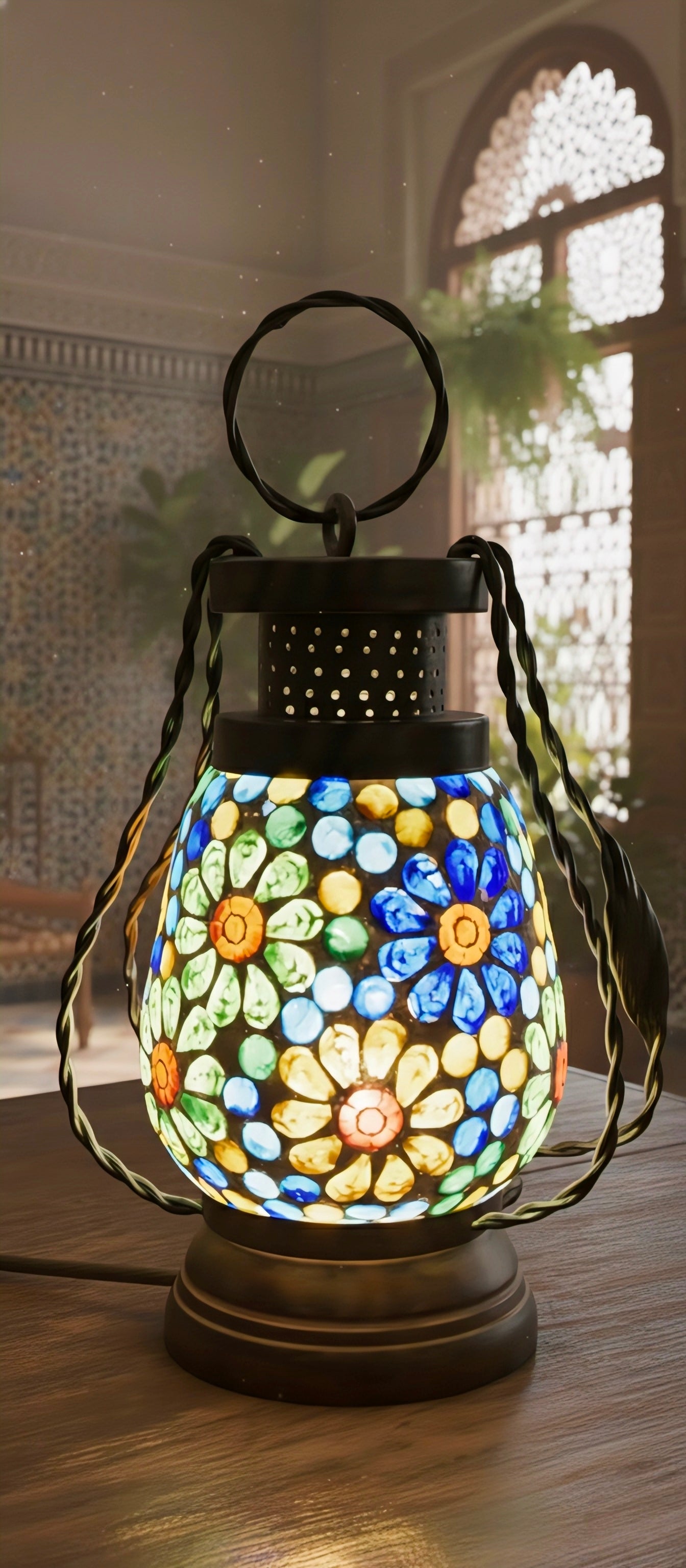 Emerald Mist Lantern – Handcrafted Glass & Iron Vintage Lamp