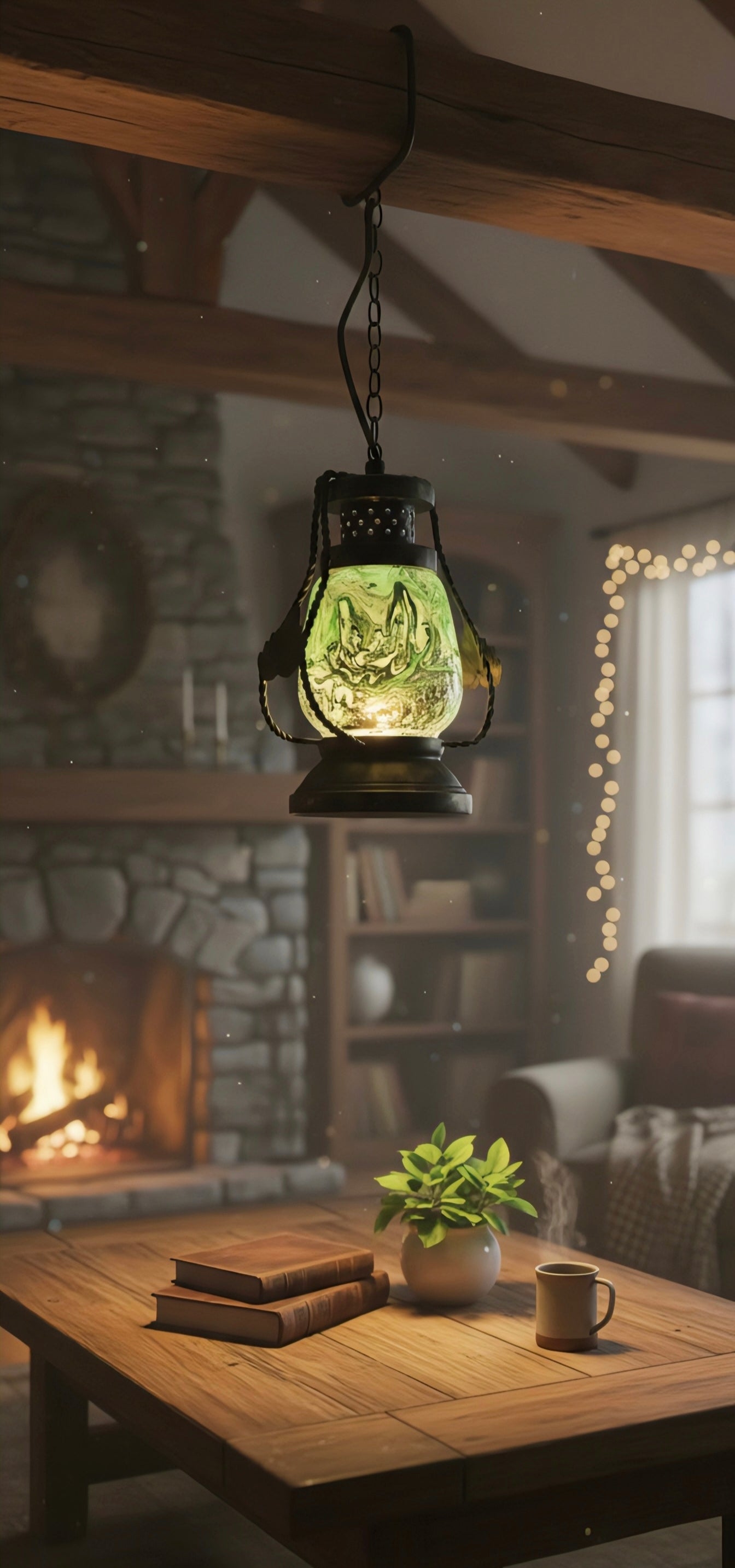 Emerald Mist Lantern – Handcrafted Glass & Iron Vintage Lamp