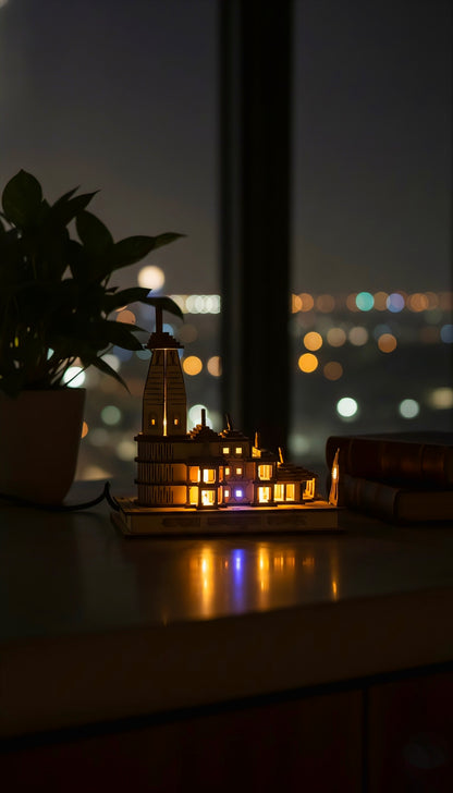 Miniature Ram Mandir (6-Inch) with LED Lights – Wooden Temple