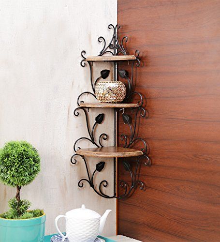 Vintage Iron & Wood Corner Wall Shelf – 3 Tier Decorative Rack