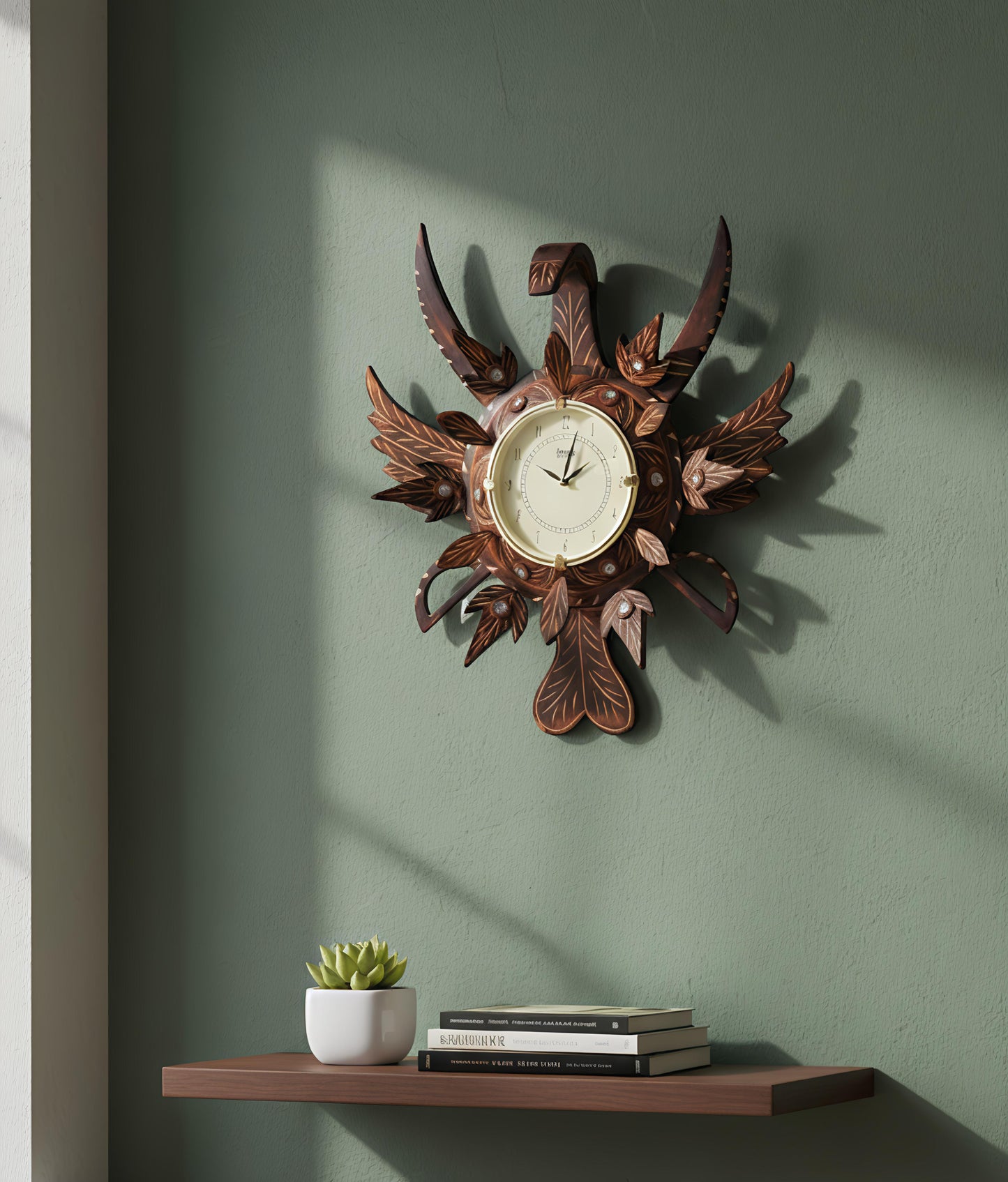 Royal Handcrafted Wooden Leaf Wall Clock – Antique Luxury Design