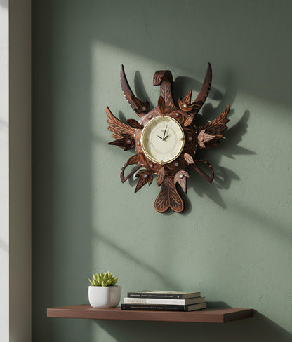 Royal Handcrafted Wooden Leaf Wall Clock – Antique Luxury Design