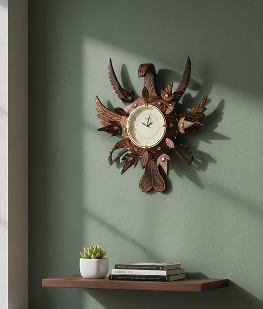 Royal Handcrafted Wooden Leaf Wall Clock – Antique Luxury Design