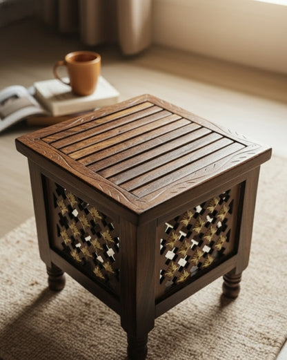 Artisan Carved Wood & Jali Storage Stool