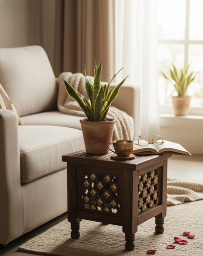 Artisan Carved Wood & Jali Storage Stool