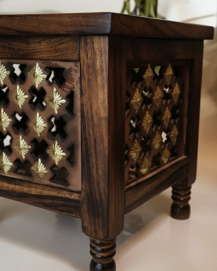 Artisan Carved Wood & Jali Storage Stool