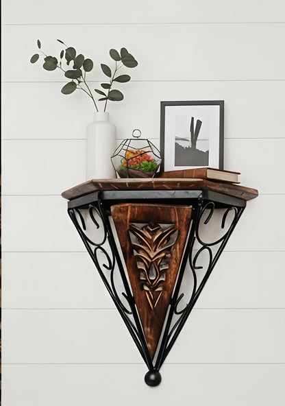 Geometric Carved Wood and Metal Accent Shelf