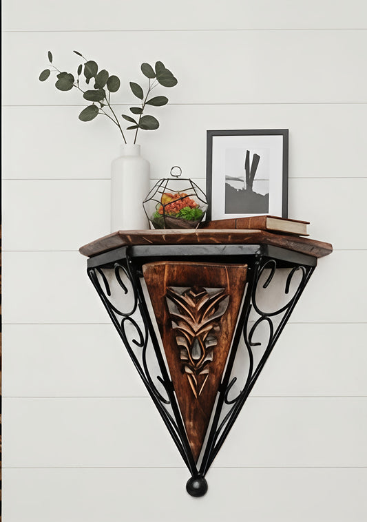 Geometric Carved Wood and Metal Accent Shelf