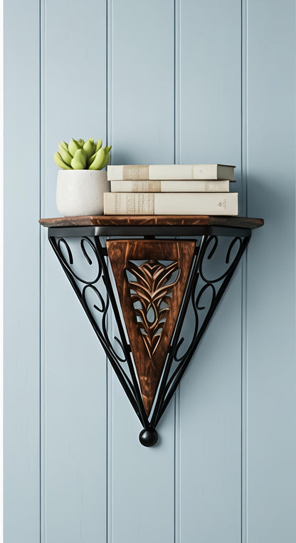 Geometric Carved Wood and Metal Accent Shelf