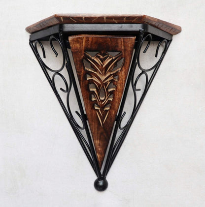 Geometric Carved Wood and Metal Accent Shelf